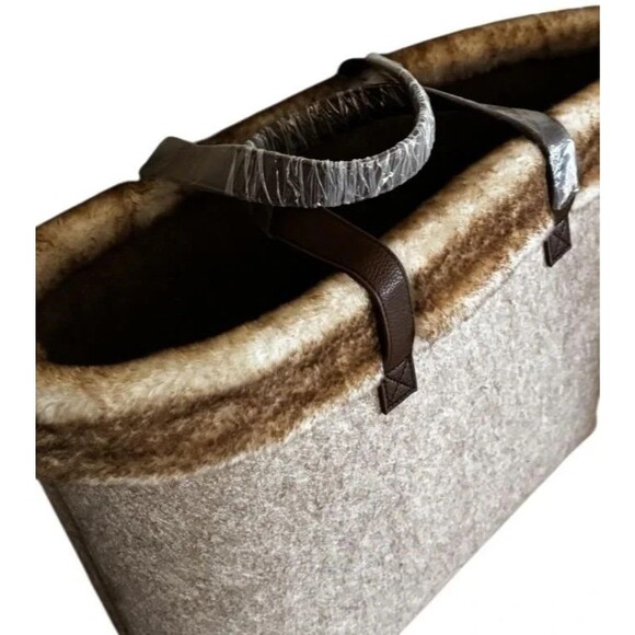 Barnes & Noble Brown Cream Tote Bag Faux Fur Trim Felt Carrier Thick Strong Gift - Picture 4 of 9